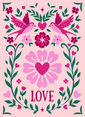 Valentine's day card or poster with birds, hearts and flowers. Vector graphics.