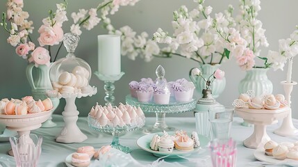 A beautifully arranged dessert table with pastel-colored sweets and vintage glassware.
