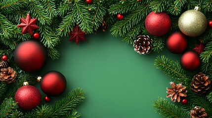 Christmas Background Image - Festive Fir, Ornaments, and Pine Cones on Green