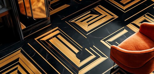 A bold Art Deco-inspired floor design with black and gold geometric shapes