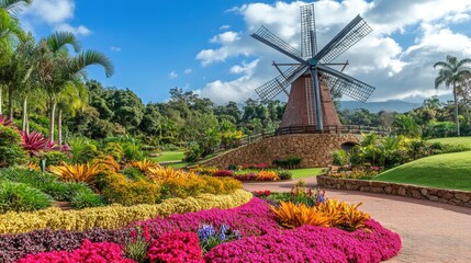 Scenic Garden with Colorful Flowers and Traditional Windmill