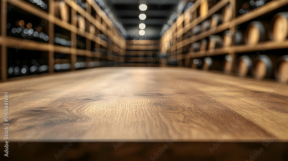 Poster background image-empty wooden table top with blurred wine cellar background