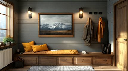Cozy Entryway Illustration Interior Design, Home Decor, and Mountain Landscape Artwork