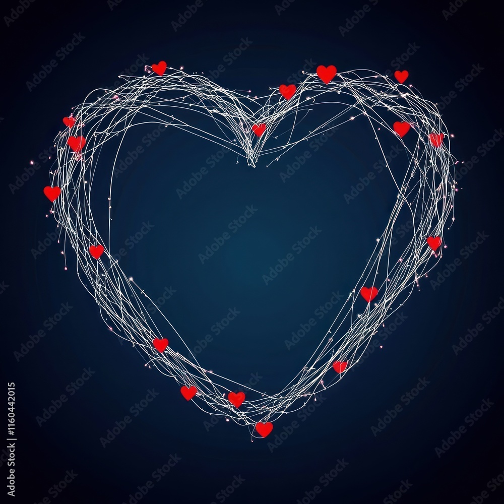 Poster abstract heart shape formed by interconnected lines and small hearts.