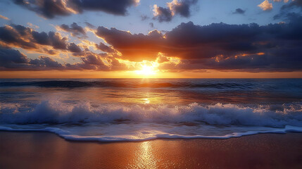 Obraz premium Photo Dramatic Golden Sunset Ocean Waves Beach Clouds Sky Seascape