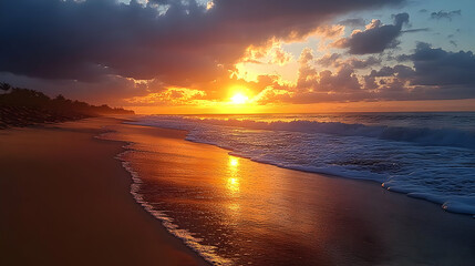 Naklejka premium Photo - Golden Sunrise Beach Waves Ocean Clouds Sky Sand Dawn Coastline Seascape