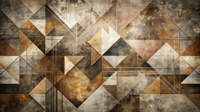 Abstract Geometric Composition with Textured Triangles and Linear Elements in Earthy Tones