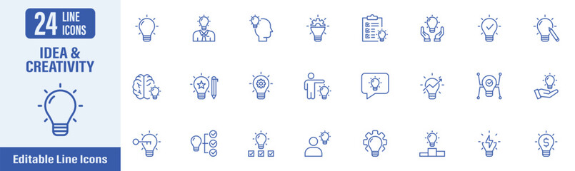 Idea and Creativity line icon set. Contains icons as idea, creativity, innovation, brain, smart, light bulb, visionary, inspiration and more. Vector illustration.