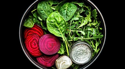 Obraz premium A vibrant bowl of fresh greens and beets, showcasing healthy ingredients for a salad.