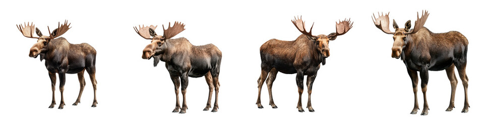 Moose standing in various poses, showcasing their majestic antlers and fur, isolated on transparent background.