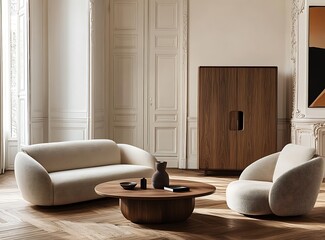 Soft beige living room with modern furniture: a sofa, armchair, coffee table, and wooden cabinet on a parquet floor. Simple and functional decor. 2/3 place for text.