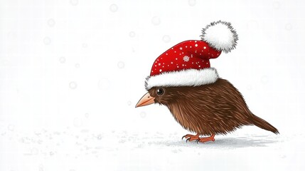 Cute Bird in Santa Hat on Snowy Background