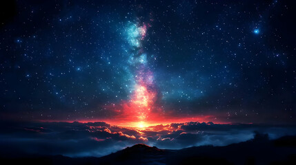 Illustration: Cosmic Sunset, Stars, Galaxy, Clouds, Mountain, Sky, Night, Dusk, Landscape