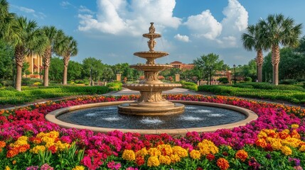 Obraz premium Serene Garden Fountain Surrounded by Colorful Flowers and Palm Trees