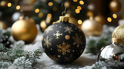 Photo Christmas Ornament Decoration Snowflakes Gold Black Festive Holiday Decor Winter