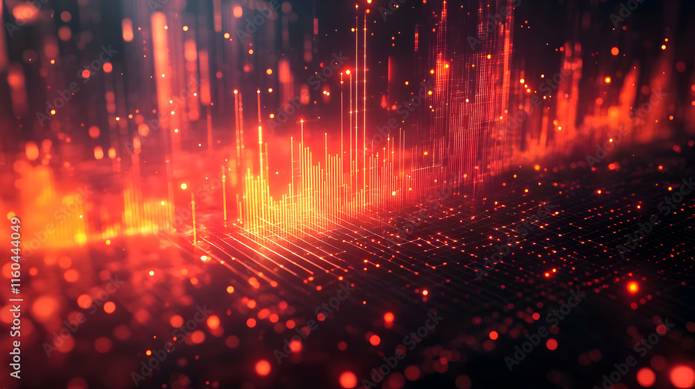 Poster abstract visualization of data with glowing particles and waveforms in warm colors.