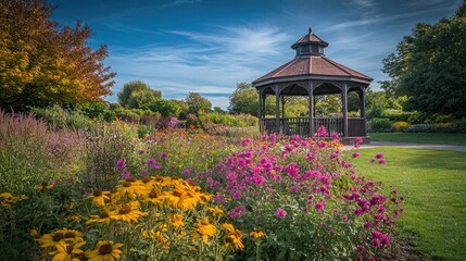 Colorful Flower Garden with Gazebo Under Blue Sky in Autumn