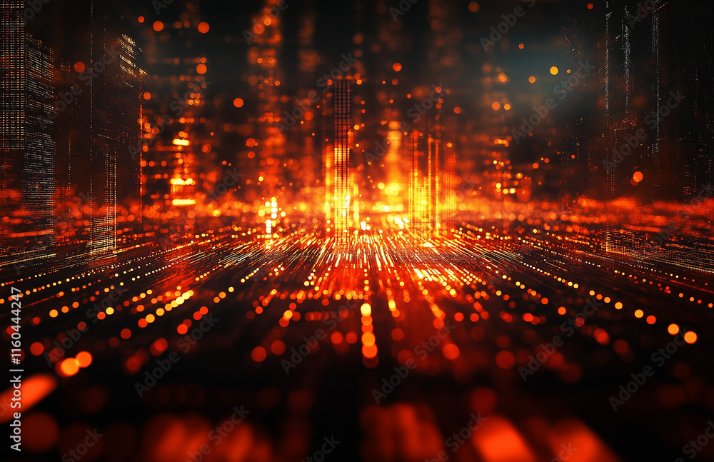 Poster 4-abstract cityscape background featuring bokeh lights and glowing neon effects on a dark red gradie
