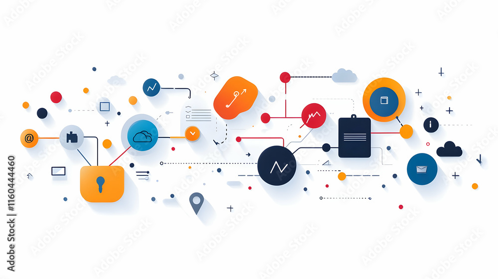 Poster abstract digital illustration depicting interconnected technology and data elements.
