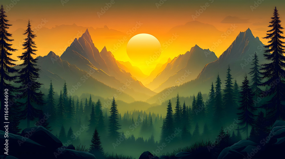 Wall mural Illustration of Sunrise Over Mountains and Forest