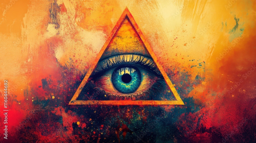 Poster eye within triangle symbol with colorful abstract background