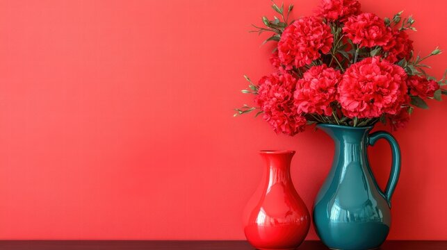 Red Carnations in Teal Vase with Red Accent Vase against Red Wall