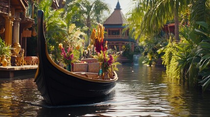 Obraz premium Serene Boat with Flowers in Lush Tropical Garden Scene