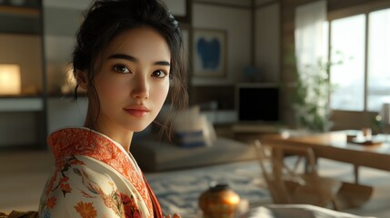 Naklejka premium Elegant Young Woman in Traditional Attire with Cozy Interior Decor