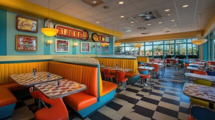 Vibrant Retro Diner Interior with Colorful Seating and D&eacute;cor