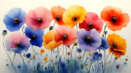 Illustration Colorful Poppies Floral Meadow Watercolor Painting