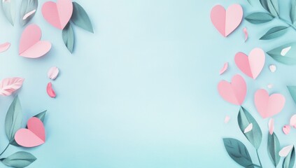 Minimalist blue background with pink paper hearts frame with copy space, for Valentine's Day concept