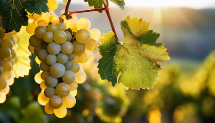 Fototapeta premium A close-up of ripe, white grapes hanging on a vine, bathed in warm sunlight.
