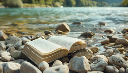 Open book on rocky shore near river