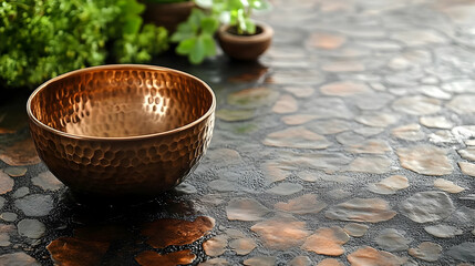 A copper bowl sits on a textured surface with greenery in the background.