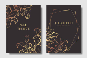 Dark brown wedding invitation with ornamental Lily flower