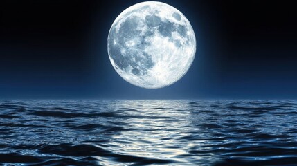 Full Moon over Calm Ocean at Night