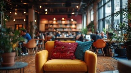 A lively cafe scene with a bold yellow chair and colorful cushions amidst a bustling interior space.