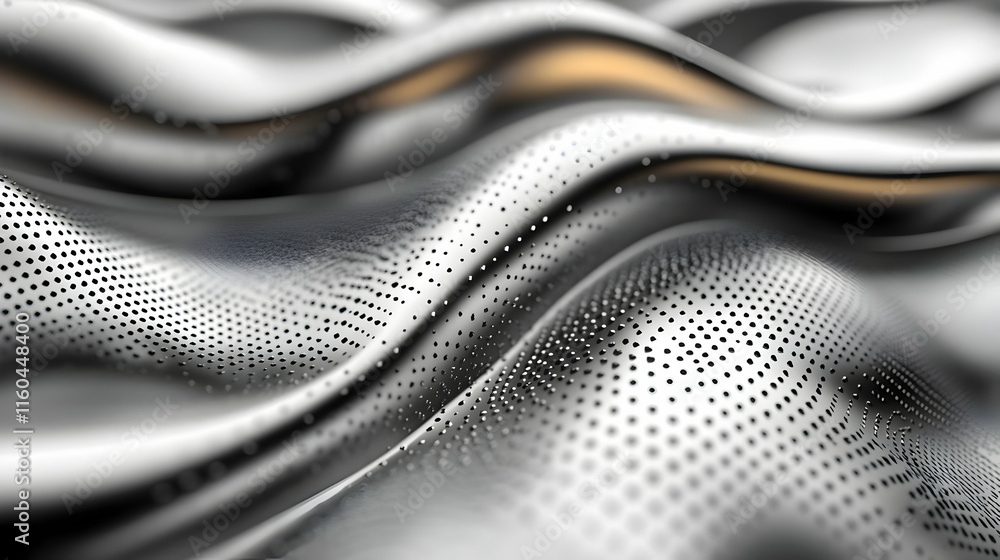 Poster a close-up of textured metallic waves, creating a dynamic visual effect.