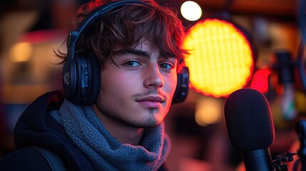 A young man wearing headphones in a studio setting, softly illuminated by colorful lights.