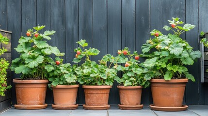 Freshly Growing Strawberry Plants in Clay Pots on Modern Patio