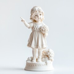 Naklejka premium Greek-style statue of a little girl on a stand, pointing fingers, isolated on white background