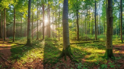 Fototapeta premium Sun rays through trees in green forest.