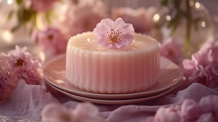 Pink dessert with cherry blossom.