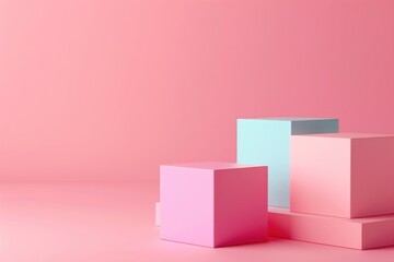 Three 3D pastel squares on podium against pink background