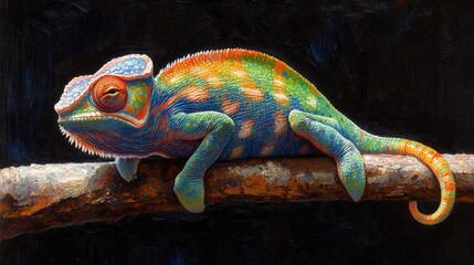 A vibrant chameleon resting on a branch, showcasing colorful patterns and textures.