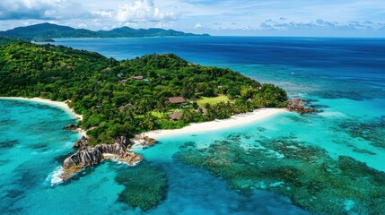 Tropical Island Paradise Aerial View Lush Greenery White Sandy Beach