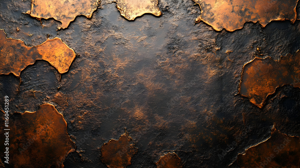 Poster a textured surface with dark and rusty metallic patches, creating an industrial aesthetic.