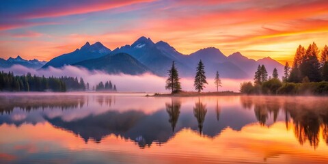 Fototapeta premium Serene Sunrise Over Misty Lake and Majestic Mountains Reflecting in Calm Waters