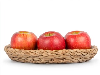 Close-up Photo: Three Ripe Apples Resting Gently in a Woven Basket. AI Generated