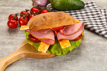 Sandwich ciabatta with mortadella and cheese